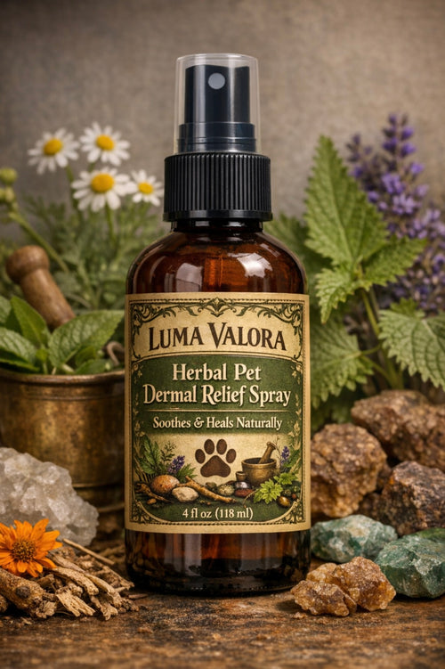 A brown 4 oz glass spray bottle of Luma Valora Herbal Pet Dermal Relief Spray centered on a rustic wooden surface, surrounded by white daisies, purple lavender, green herbs, a mortar and pestle, crystals, rocks, and dried botanicals. 